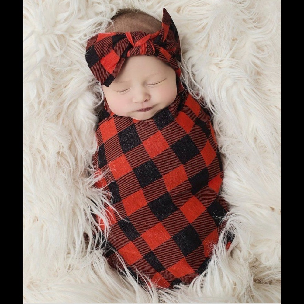 ❤️Posh Peanut Buffalo Check Swaddle & Headband Set